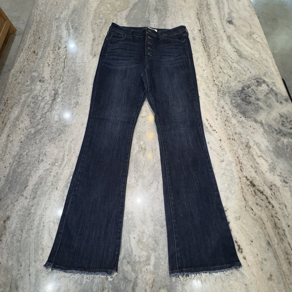 KanCan Women's 32‎ X 30 Dark Wash Button Fly High Waist Fringe Jeans Flare Denim